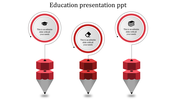 Three red pencil shaped designs with circular icons above, showcasing education themed symbols and text areas.