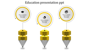 Educational PowerPoint template with three pencil themed icons, each linked to a circular area for text.