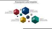 Slide featuring four colorful cubes in red, blue, yellow, and green with icons and captions, surrounded by smaller cubes.