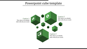 PowerPoint slide featuring green cubes with icons and captions with placeholder text.
