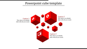 Red 3D cubes of varying sizes arranged in a scattered layout, with icons and three captions on a white background.
