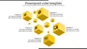 Slide with yellow 3D cubes arranged in a scattered layout, each featuring icons and five captions on a white background.