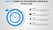 Slide featuring a blue and white target graphic with an arrow, and four captions with black icons on the side.