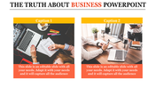 Slide design with a business theme, including two images of professional workspaces and placeholder text areas.