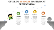 Business themed slide with a cartoon man leaping off a cliff and four colorful icons with captions arranged horizontally.
