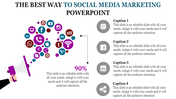 Social media marketing slide with icons flowing from a megaphone, showing various platforms and four captions on the right.