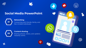 Social media slide featuring a smartphone with colorful icons representing popular apps and two sections on a blue backdrop.