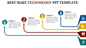 Technology slide with four numbered circles in green, red, yellow, and blue, connected by arrows, with captions and icons.