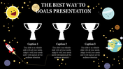 Goals slide featuring three trophy silhouettes and a decorative space background with planets, stars, and a rocket.