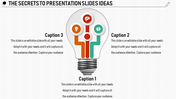 Slide with a lightbulb design featuring colorful icons symbolizing ideas, gears, and a magnifying glass with captions.