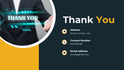Professional thank you slide with contact details and a modern digital background.