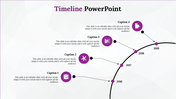 Curved timeline slide with yearly markers, icons, and placeholder captions, showcasing a sequential project or event flow.