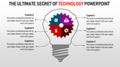 Technology PowerPoint template featuring a lightbulb with a gear and icons representing various elements with captions.