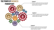 Illustration of overlapping gears in various colors with business-related icons, linked to three descriptive captions.