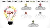 Light bulb illustration made of colorful gear icons with idea text in the center and captions areas around.