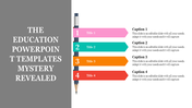 Education PowerPoint template showing colorful arrows with titles and captions.