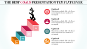 Goal achievement template with a figure climbing five colorful steps, each with distinct icons with captions.