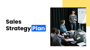 Sales strategy plan slides with blue and yellow theme, charts, funnel diagram, KPI metrics, and sales forecast.