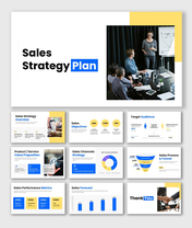 Sales strategy plan slides with blue and yellow theme, charts, funnel diagram, KPI metrics, and sales forecast.