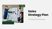 Sales Strategy Plan presentation with green color theme, KPI charts, target icons, and modern business layout.