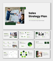 Sales Strategy Plan presentation with green color theme, KPI charts, target icons, and modern business layout.