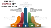 Finance slide featuring five colorful segments labeled for various financial topics, with icons and captions.