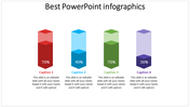 Infographic showing four vertical 3D bars in different colors, each representing percentages with placeholder text area.