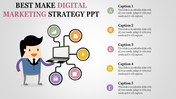 PowerPoint slide showing a character with a laptop and icons for digital marketing strategies with captions.