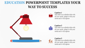 Creative educational infographic with a red lamp, glowing bulb, pencil base, and icons representing books and learning tools.