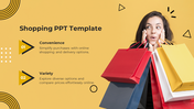 Shopping PowerPoint template featuring a person holding shopping bags with colorful designs and text descriptions.