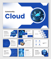 Cloud Slideshow with community cloud network graphic, blue geometric shapes and clean white layout.