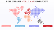 Dotted world map design with highlighted continents in pink, blue, orange, purple, and red for distinct regions.