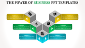 Business PowerPoint template featuring six colorful blocks with numbered steps and icons with captions.