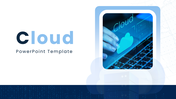 Cloud PowerPoint Template blue color theme, cloud icon image, charts, icons, text holders, clean shapes.