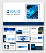 Cloud PowerPoint Template blue color theme, cloud icon image, charts, icons, text holders, clean shapes.