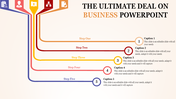 A business PowerPoint slide showing five steps with colored arrows and captions for each step with placeholder text.