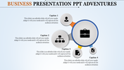 Business PPT slide with icons for a person, hierarchy, briefcase, and document with captions and placeholder text.