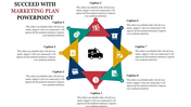 PowerPoint slide with eight sections in a circular layout representing steps in a marketing plan with icons and captions.