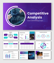 Competitor Analysis Slide with purple gradient, charts, SWOT shapes, tables, and clean text layout design.