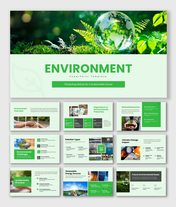 Environment template with green theme, globe and nature visuals, eco charts, icons, shapes, and clean layouts for insights.