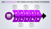 Technology PPT slide featuring five sections with icons representing purple themes with captions.