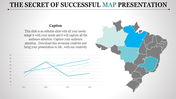 Map PPT slide with a regional map and line graph, illustrating the success of a specific metric across different regions.