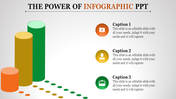 Infographic slide with three cylindrical bars in orange, gold, and green, aligned with corresponding icons and captions.