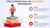 Education PPT template with a figure on steps and three sections labeled with captions and placeholder text.