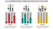 Goals presentation template with bar graphs and team illustrations with captions.