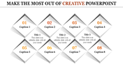 Creative PowerPoint template with diamond shaped sections and titles with placeholder text.