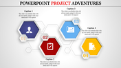 Hexagonal design displaying icons and captions, highlighting project elements like user, document, and analytics.
