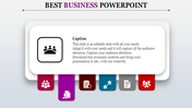 White rectangular caption box with black icon and six colorful tabs below, set against a gradient gray background.