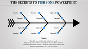Fishbone diagram PowerPoint template with arrow structure and labeled branches for problem solving analysis with captions.
