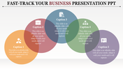 Business PPT template with five colorful circles representing different concepts, each with a caption and icon.